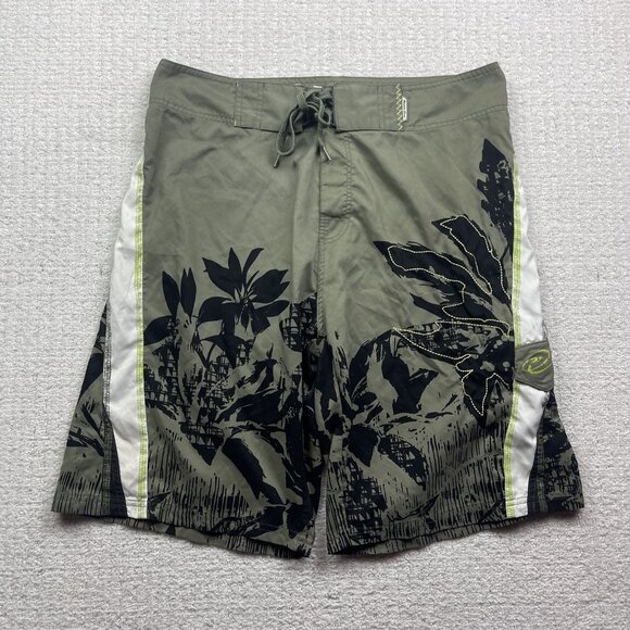 Y2K Ocean Core Board Shorts Men 36 Green Hawaiian Floral Palm tree AOP Swim - Picture 1 of 13
